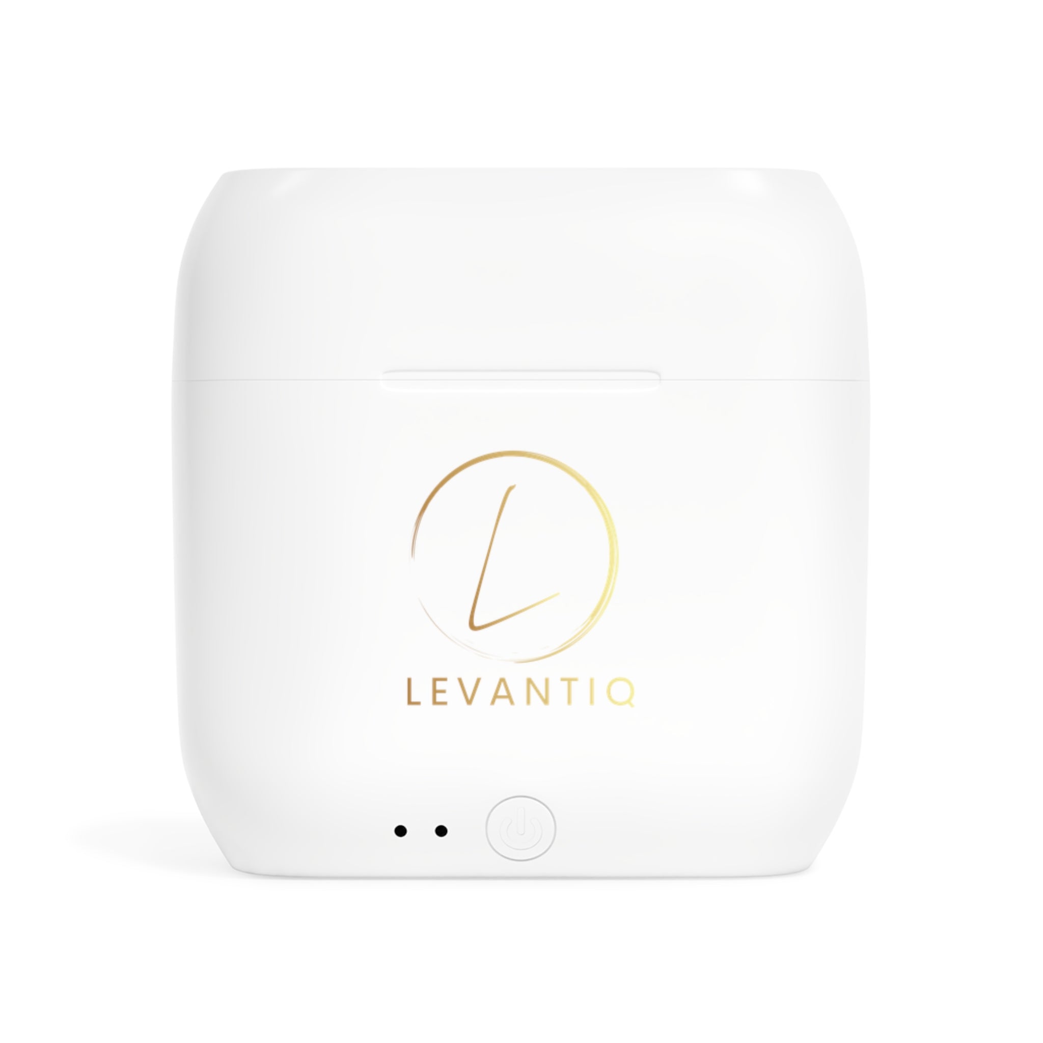 Écouteurs sans fil — Élégant boîtier de charge blanc avec logo Levantiq doré