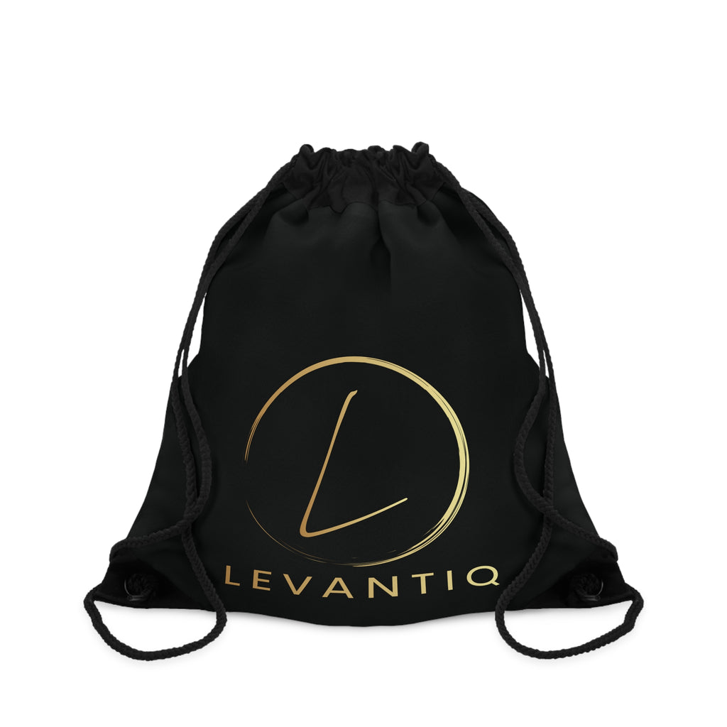 Levantiq Gold Logo Drawstring Bag — Luxury Black Gym Sack with "Elevating Everyday Luxury" Script