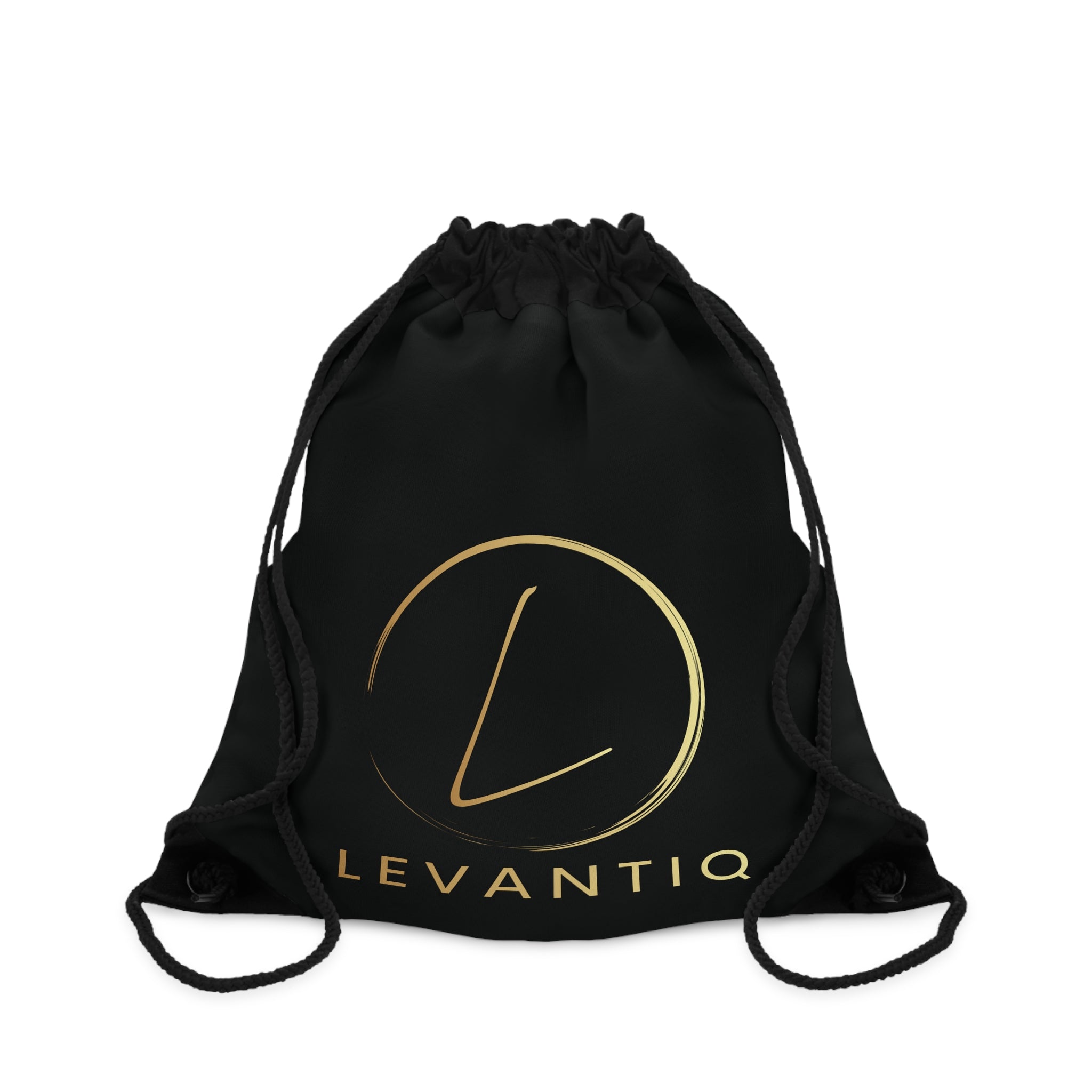 Levantiq Gold Logo Drawstring Bag — Luxury Black Gym Sack with "Elevating Everyday Luxury" Script