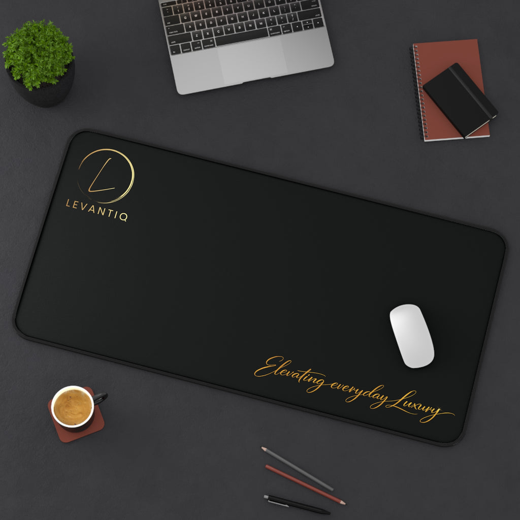 Desk Mat — Black Leather-Texture Desk Pad with Gold "Levantio" Logo & "Elevating everyday luxury" Accent