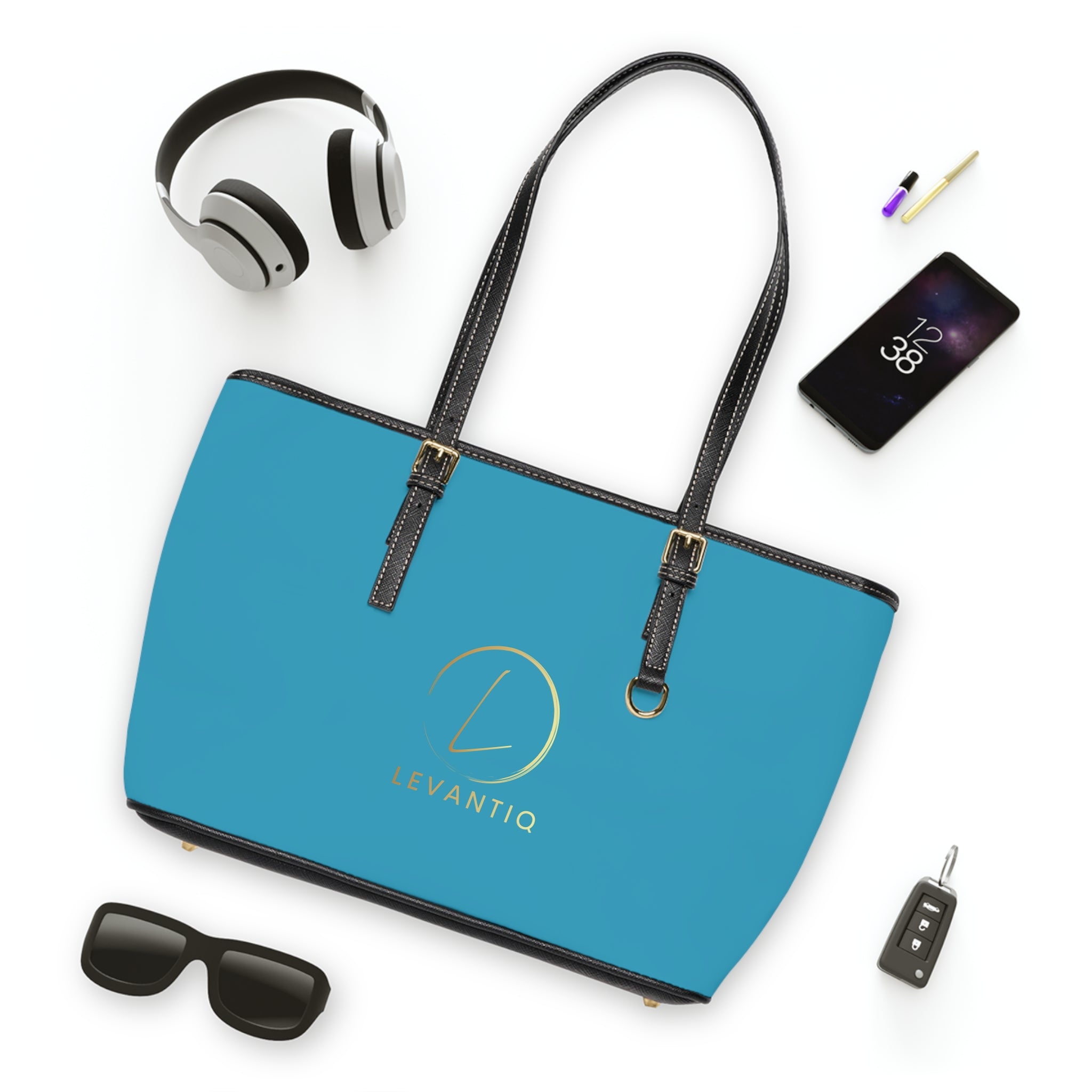 Tote Bag — Elegant Turquoise PU Shoulder Tote with Gold 'LevantiQ' Logo and Script