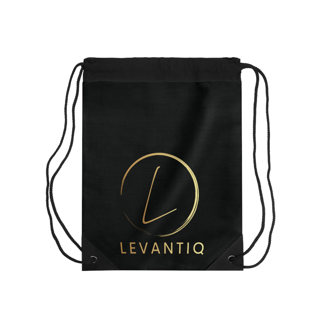 Levantiq Gold Logo Drawstring Bag — Luxury Black Gym Sack with "Elevating Everyday Luxury" Script