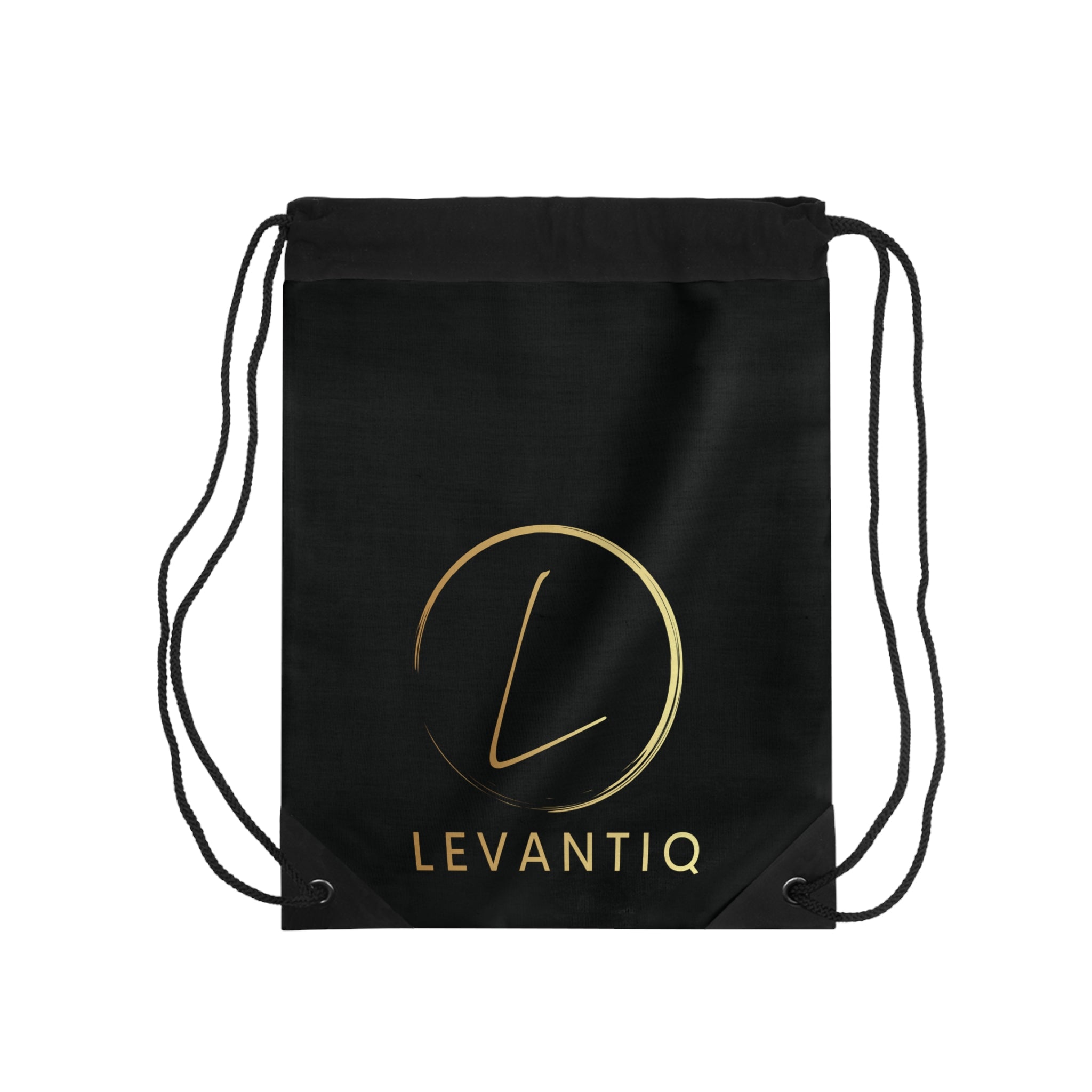 Levantiq Gold Logo Drawstring Bag — Luxury Black Gym Sack with "Elevating Everyday Luxury" Script