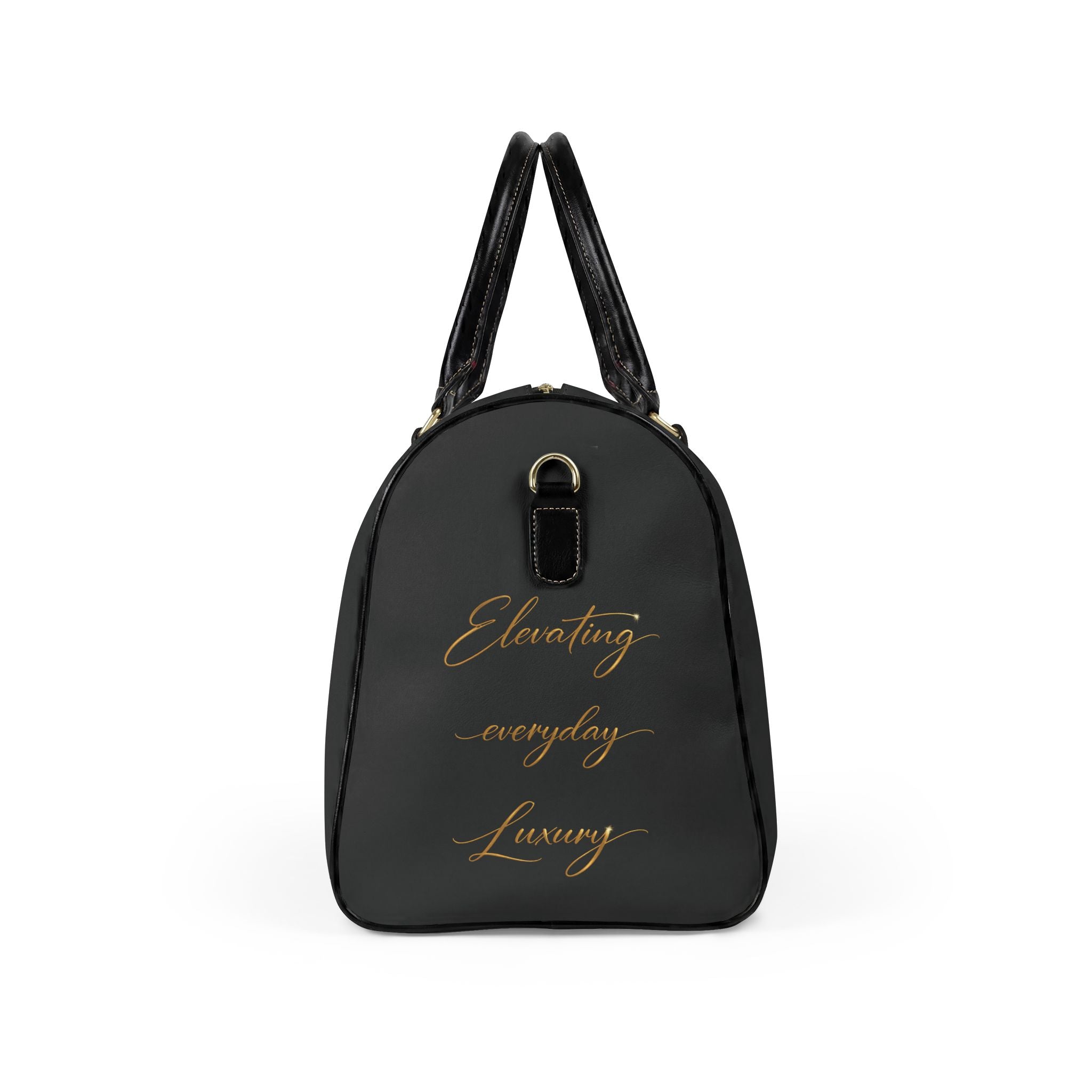 Weekend Duffel Bag — Black Faux Leather Travel Bag with Gold Logo