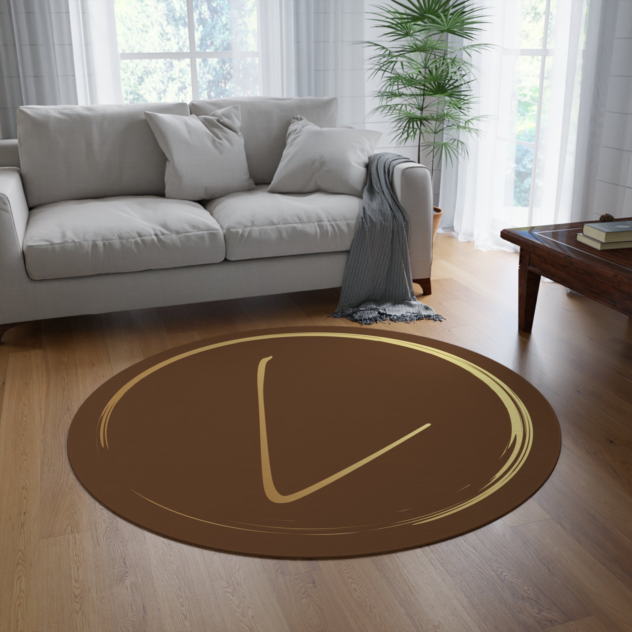 Monogram LevantiQ Round Rug — Brown & Gold Circular Accent Floor Mat