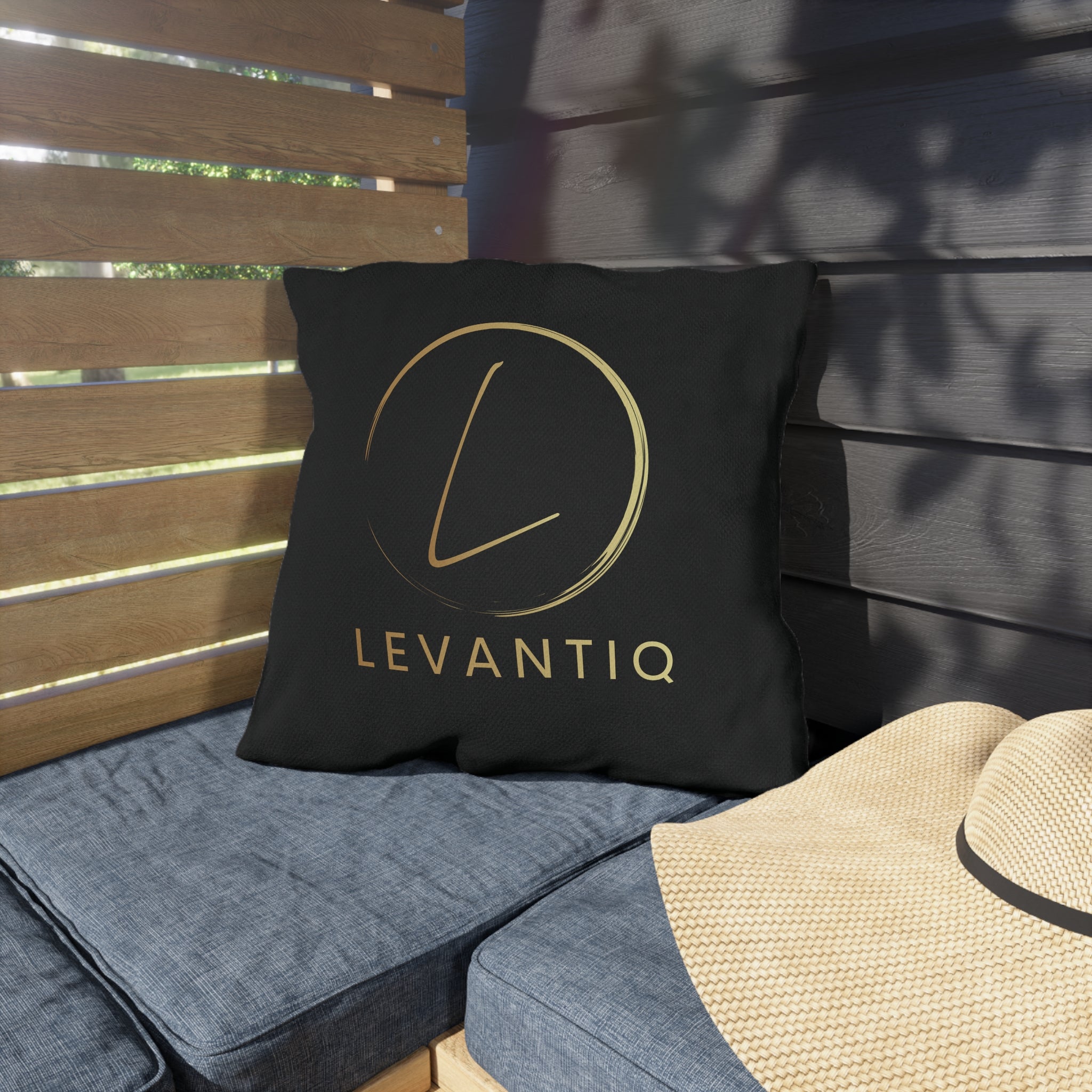 Outdoor Pillow — Black & Gold 'Levantiq' Luxury Logo & 'Elevating Everyday Luxury' Accent Cushion