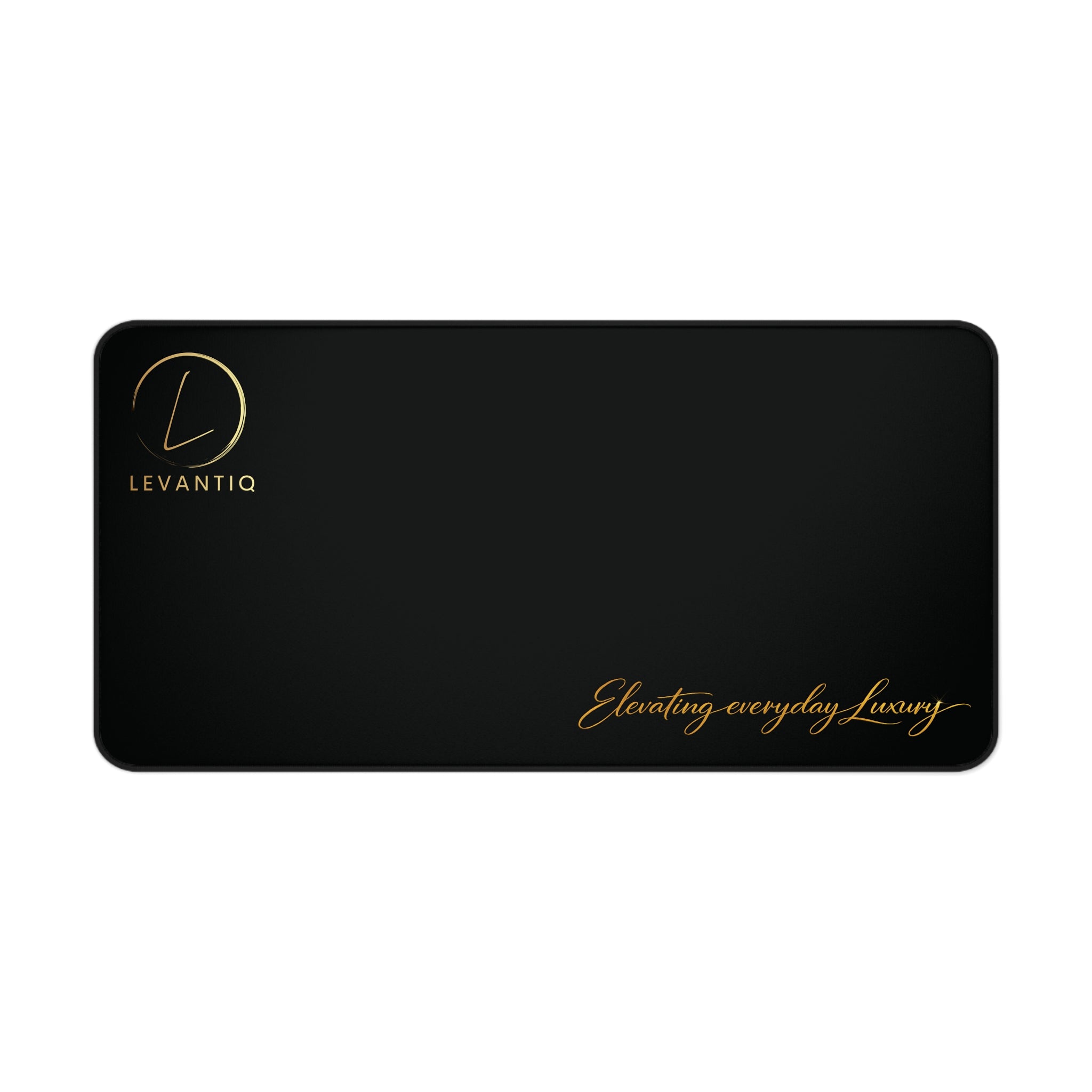 Desk Mat — Black Leather-Texture Desk Pad with Gold "Levantio" Logo & "Elevating everyday luxury" Accent