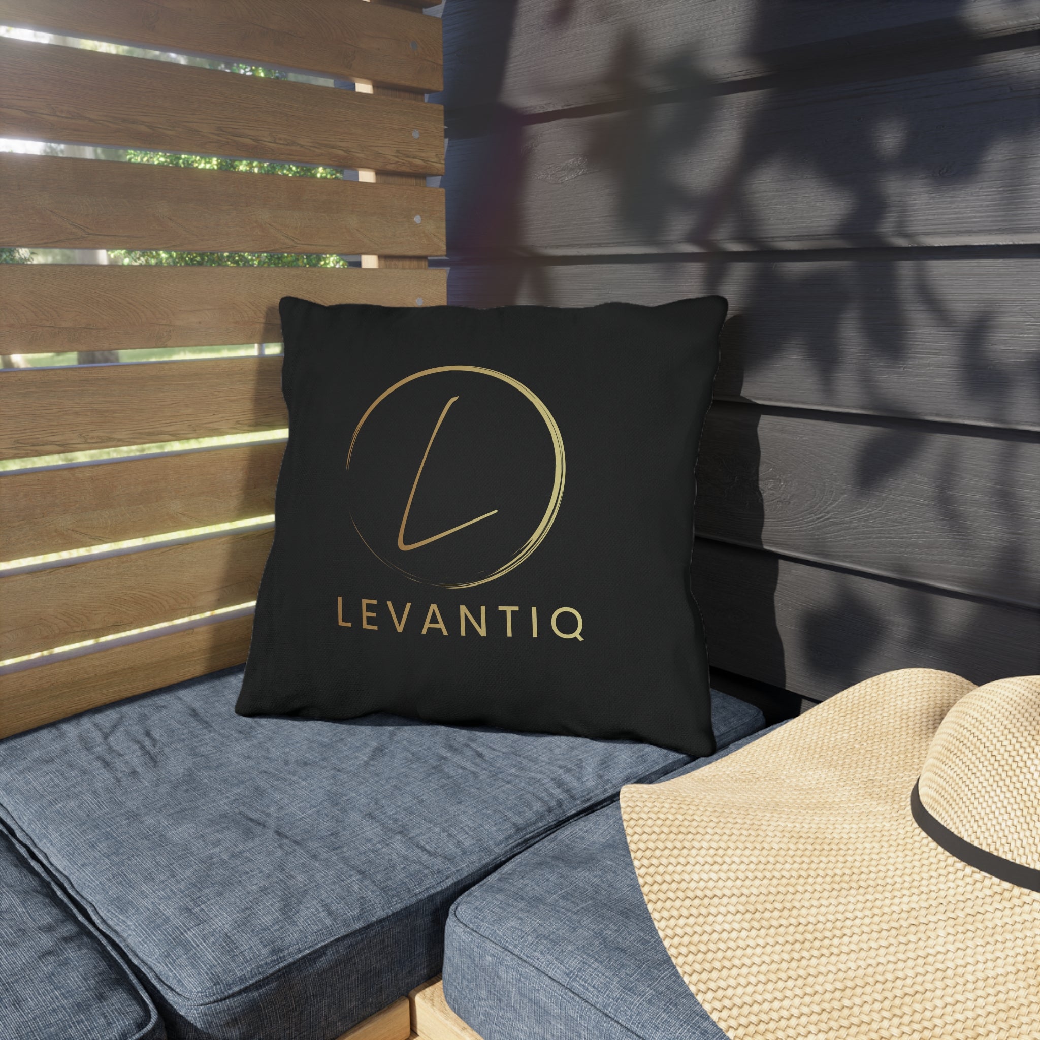 Outdoor Pillow — Black & Gold 'Levantiq' Luxury Logo & 'Elevating Everyday Luxury' Accent Cushion