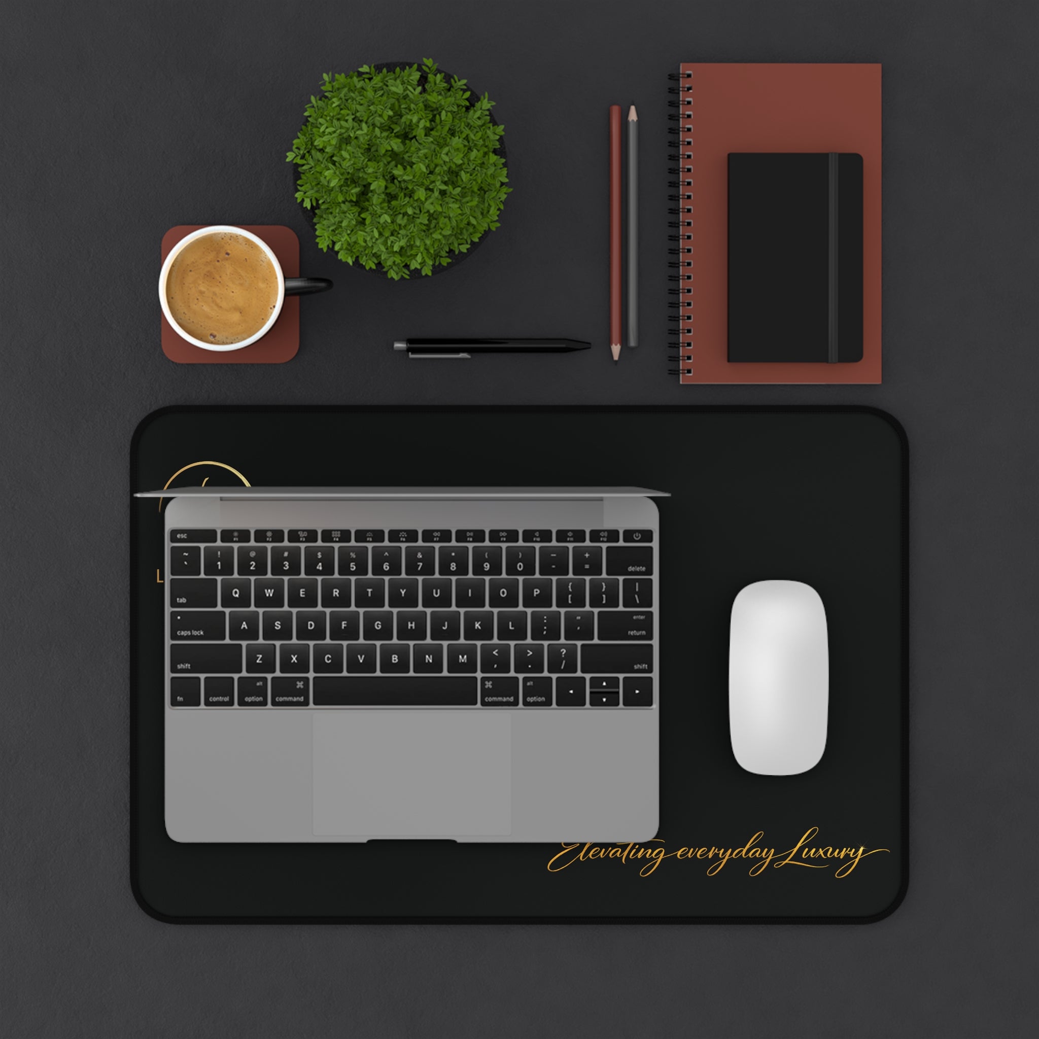 Desk Mat — Black Leather-Texture Desk Pad with Gold "Levantio" Logo & "Elevating everyday luxury" Accent