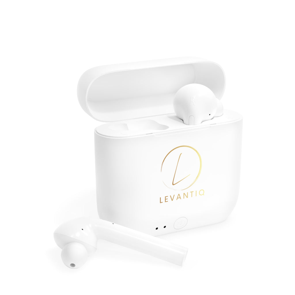 Écouteurs sans fil — Élégant boîtier de charge blanc avec logo Levantiq doré
