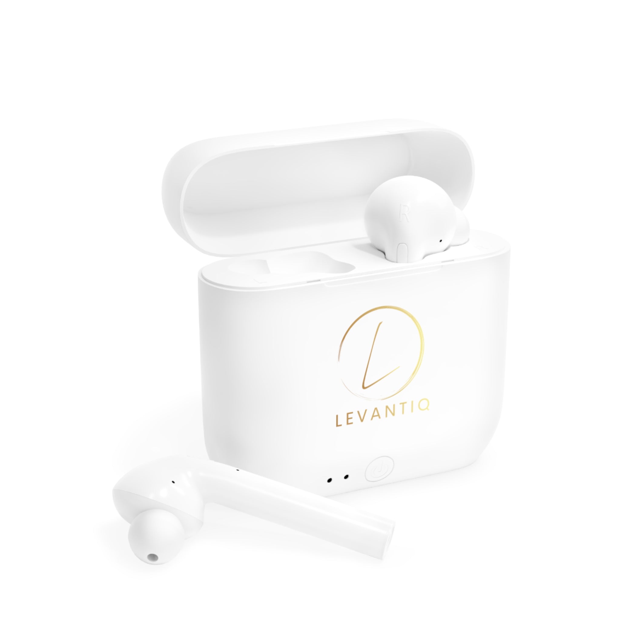 Écouteurs sans fil — Élégant boîtier de charge blanc avec logo Levantiq doré