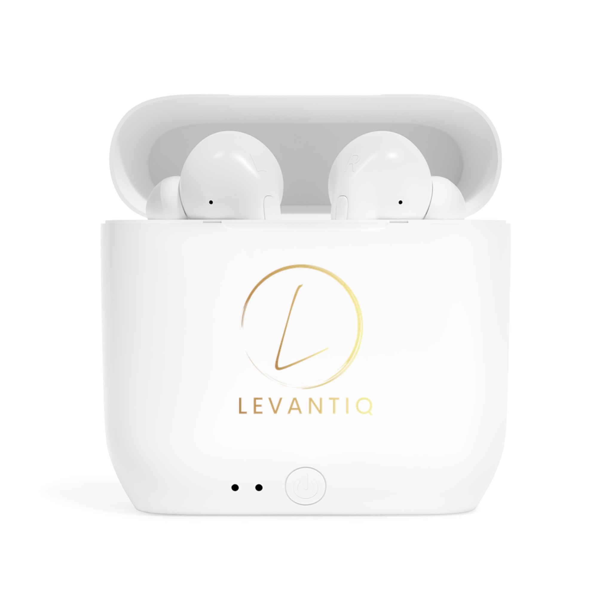 Écouteurs sans fil — Élégant boîtier de charge blanc avec logo Levantiq doré