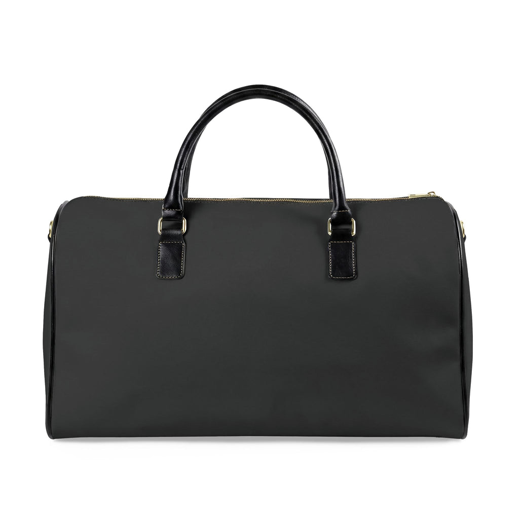 Weekend Duffel Bag — Black Faux Leather Travel Bag with Gold Logo