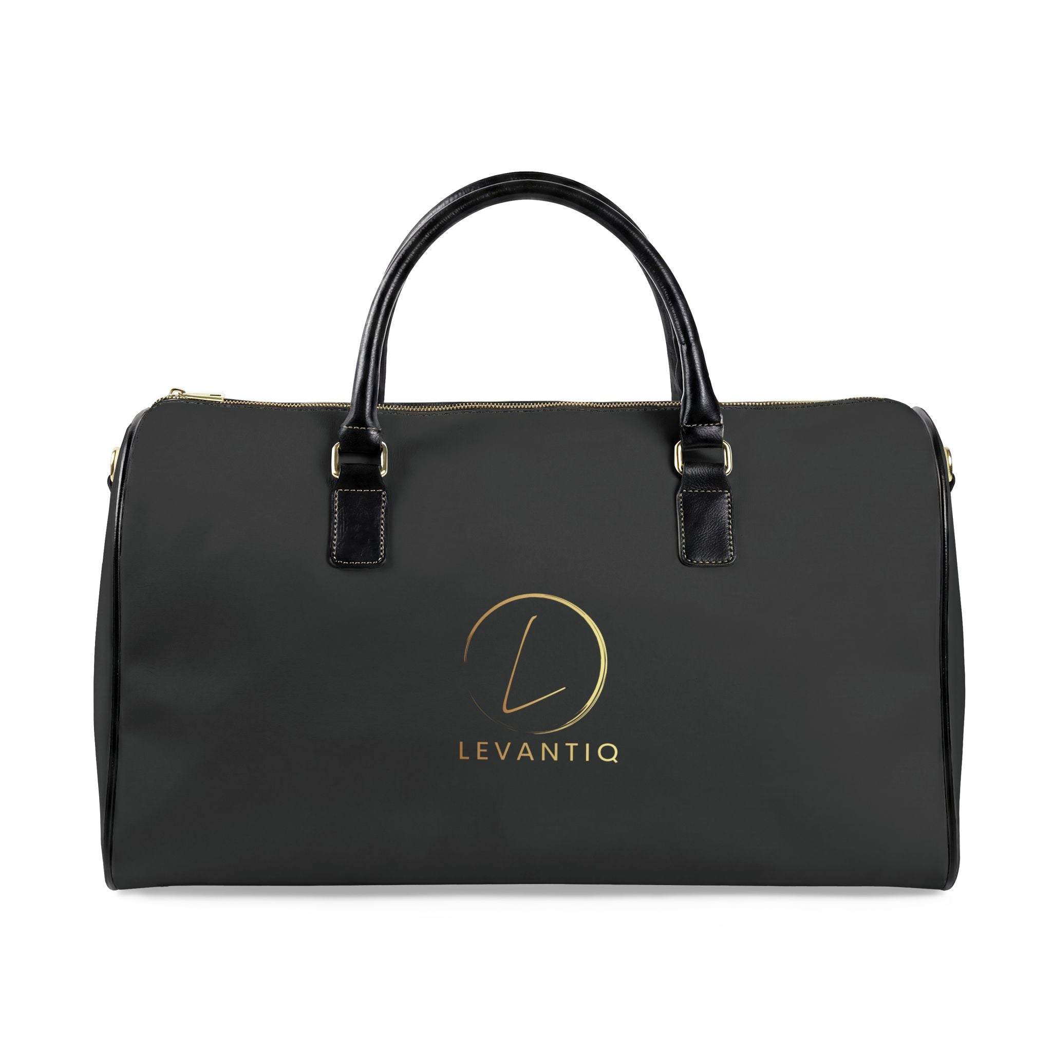 Weekend Duffel Bag — Black Faux Leather Travel Bag with Gold Logo