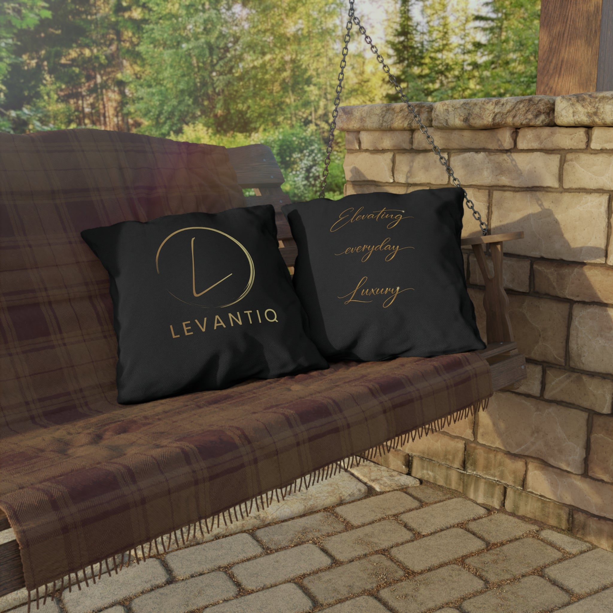 Outdoor Pillow — Black & Gold 'Levantiq' Luxury Logo & 'Elevating Everyday Luxury' Accent Cushion