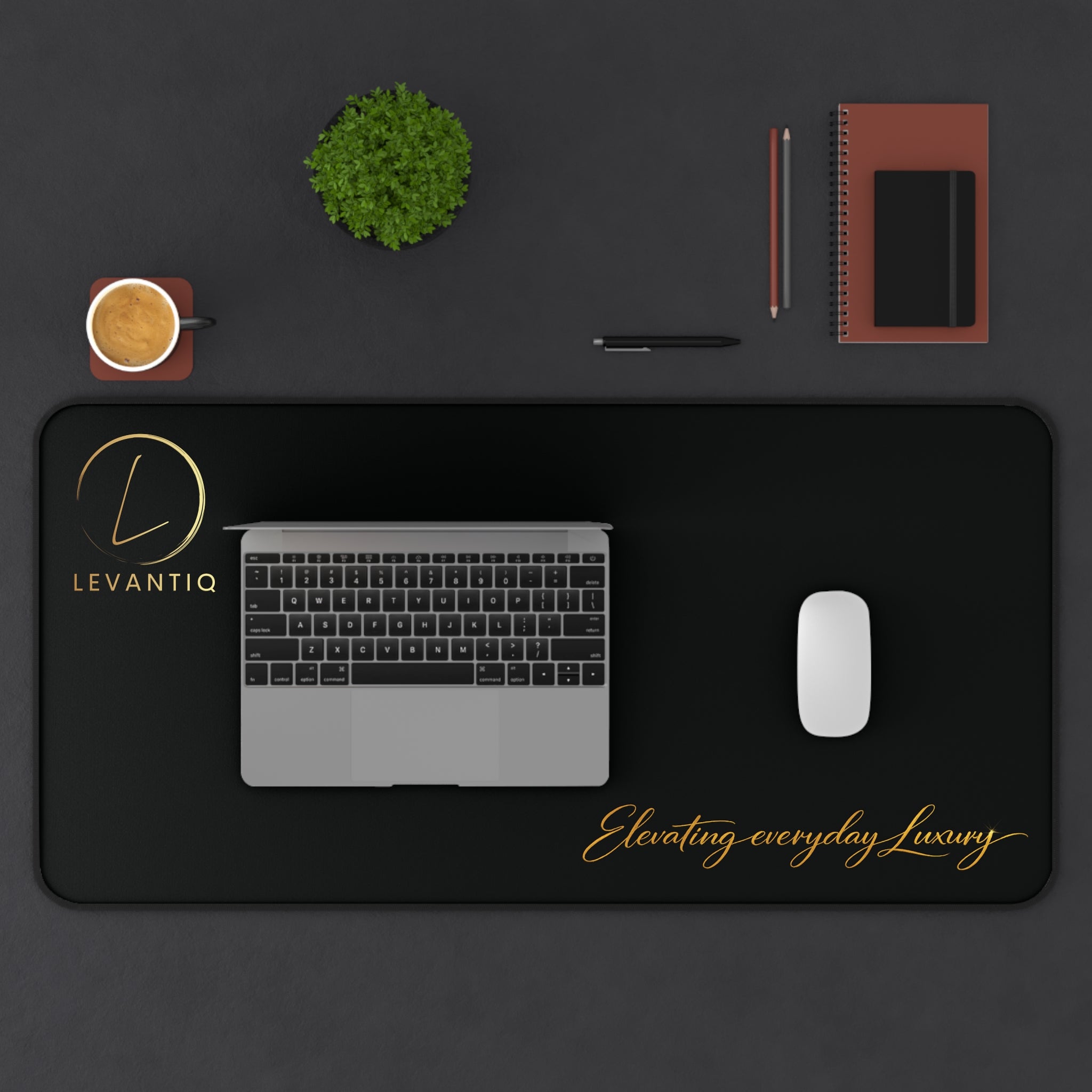 Desk Mat — Black Leather-Texture Desk Pad with Gold "Levantio" Logo & "Elevating everyday luxury" Accent