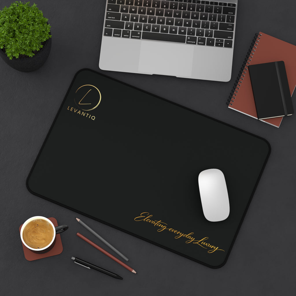 Desk Mat — Black Leather-Texture Desk Pad with Gold "Levantio" Logo & "Elevating everyday luxury" Accent