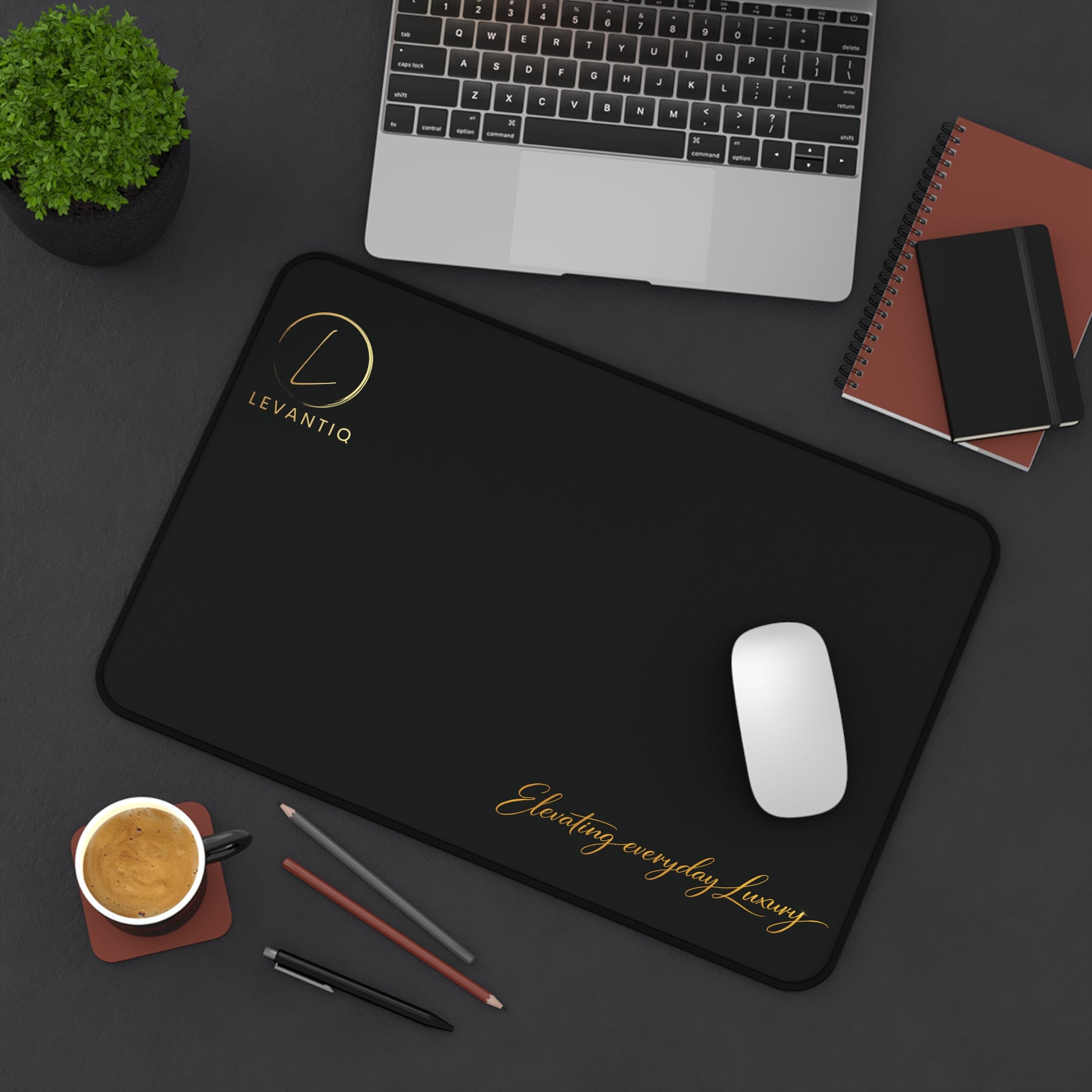 Desk Mat — Black Leather-Texture Desk Pad with Gold "Levantio" Logo & "Elevating everyday luxury" Accent