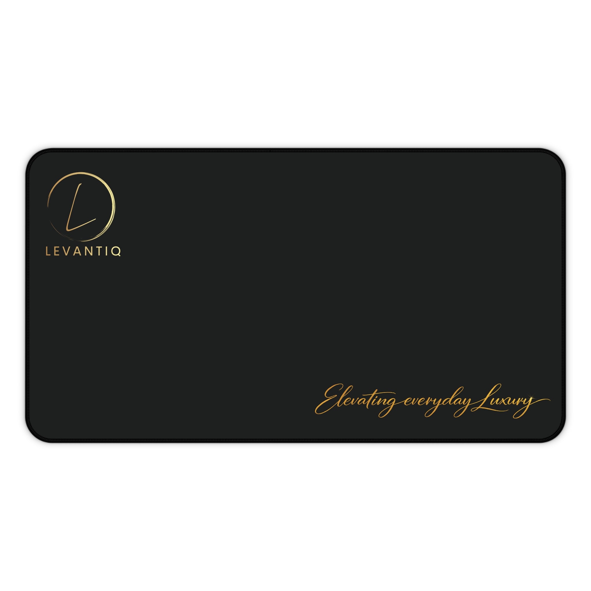 Desk Mat — Black Leather-Texture Desk Pad with Gold "Levantio" Logo & "Elevating everyday luxury" Accent