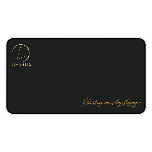 Desk Mat — Black Leather-Texture Desk Pad with Gold "Levantio" Logo & "Elevating everyday luxury" Accent