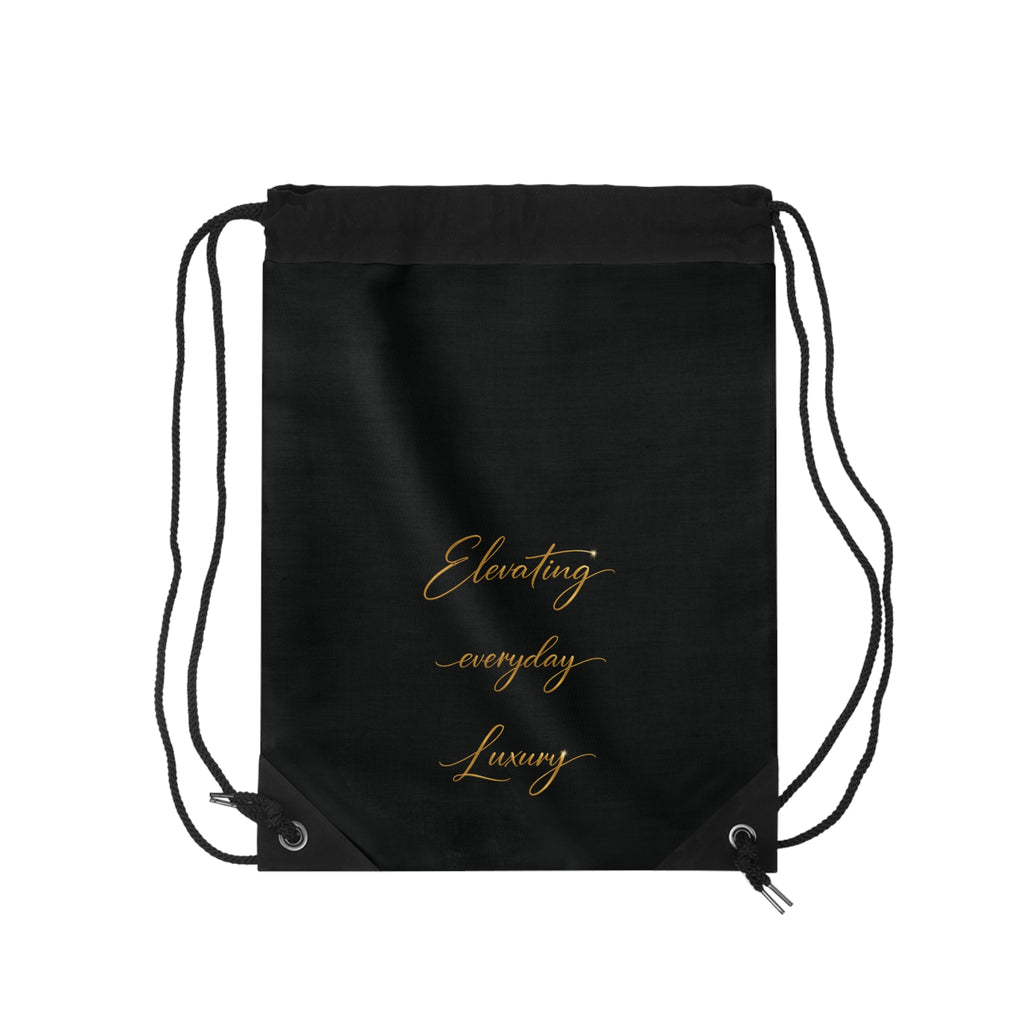 Levantiq Gold Logo Drawstring Bag — Luxury Black Gym Sack with "Elevating Everyday Luxury" Script