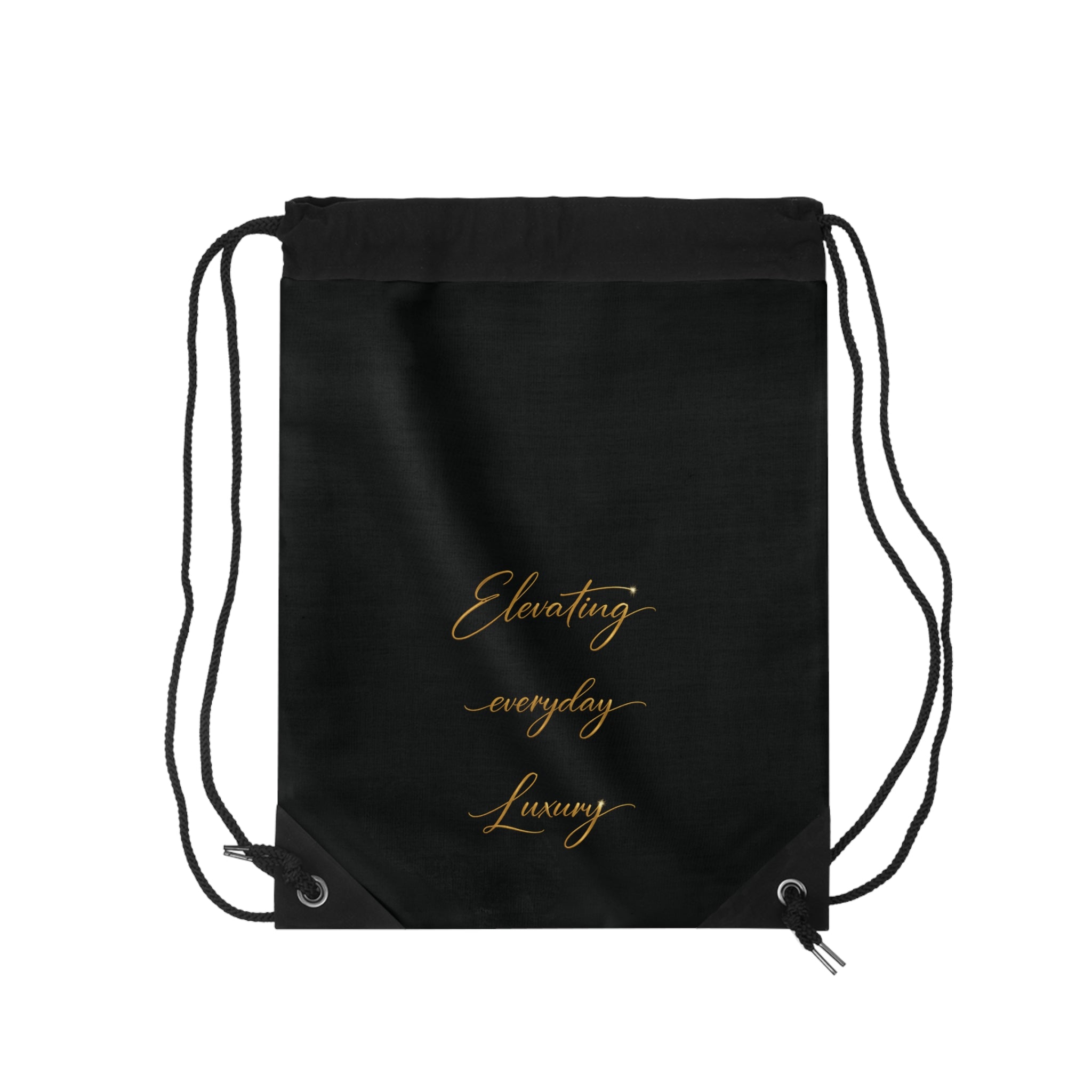 Levantiq Gold Logo Drawstring Bag — Luxury Black Gym Sack with "Elevating Everyday Luxury" Script
