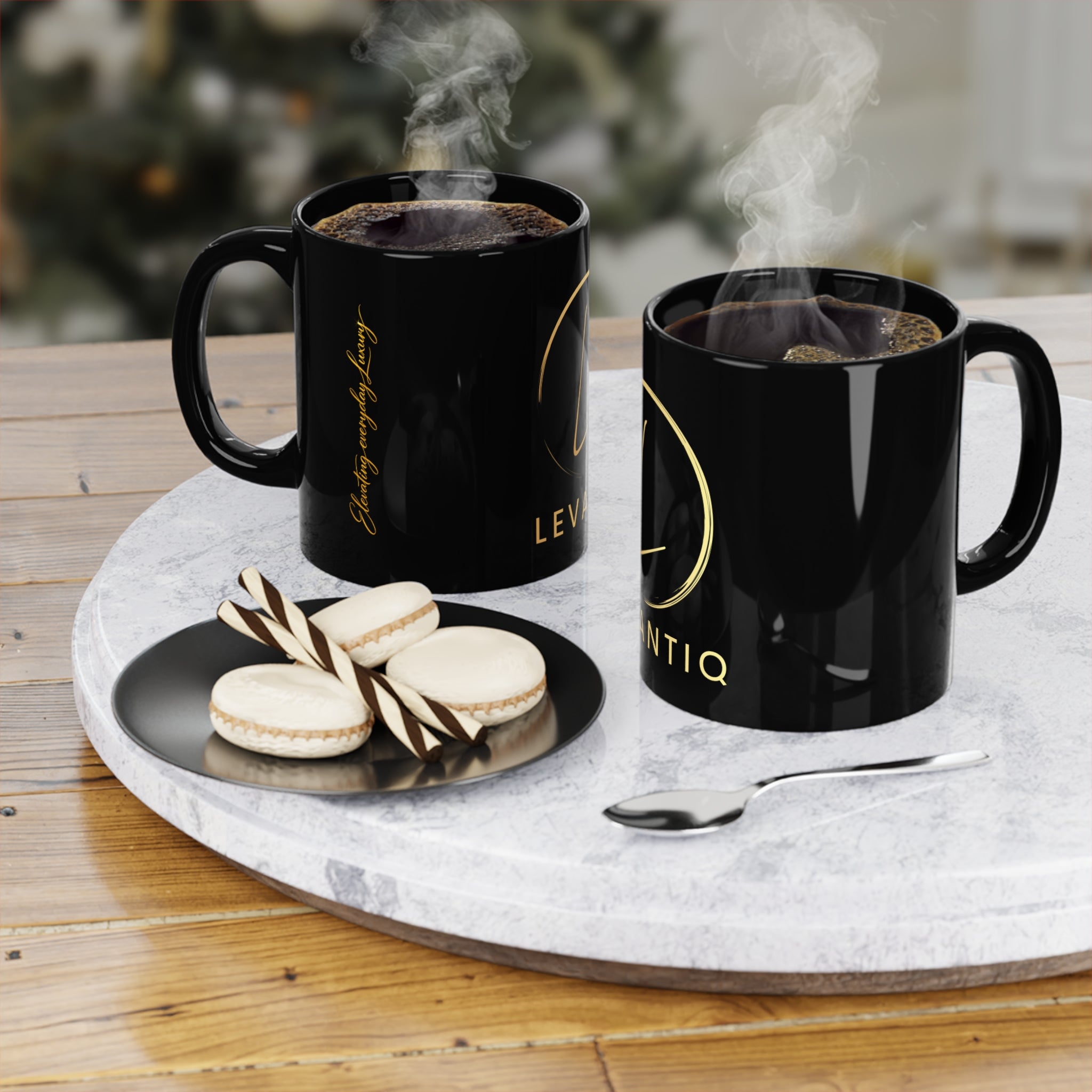 Black Ceramic Mug with Gold Levantiq Logo — 11oz Coffee Cup