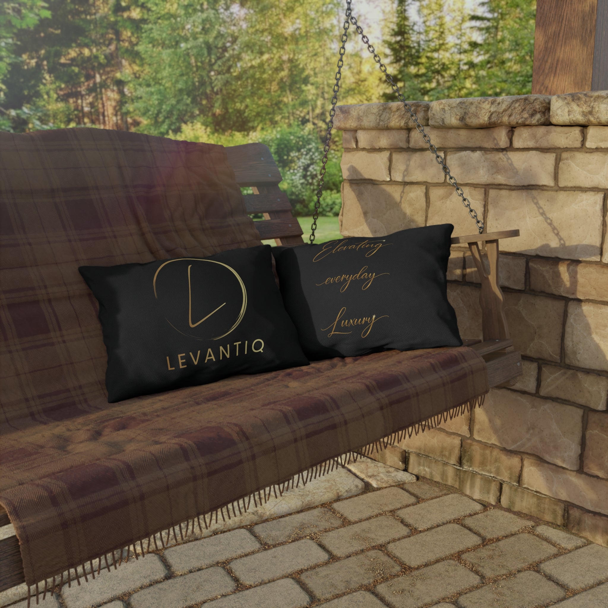 Outdoor Pillow — Black & Gold 'Levantiq' Luxury Logo & 'Elevating Everyday Luxury' Accent Cushion