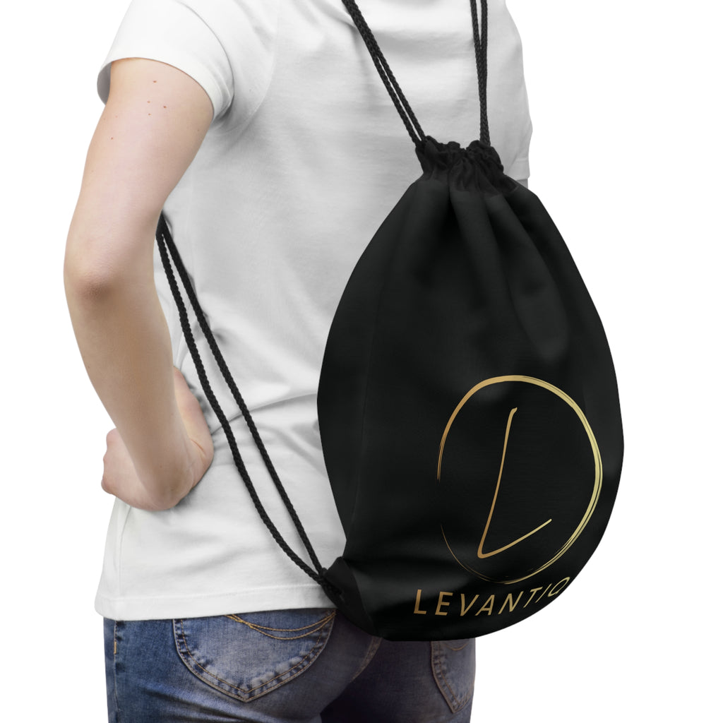 Levantiq Gold Logo Drawstring Bag — Luxury Black Gym Sack with "Elevating Everyday Luxury" Script