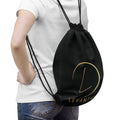 Levantiq Gold Logo Drawstring Bag — Luxury Black Gym Sack with "Elevating Everyday Luxury" Script