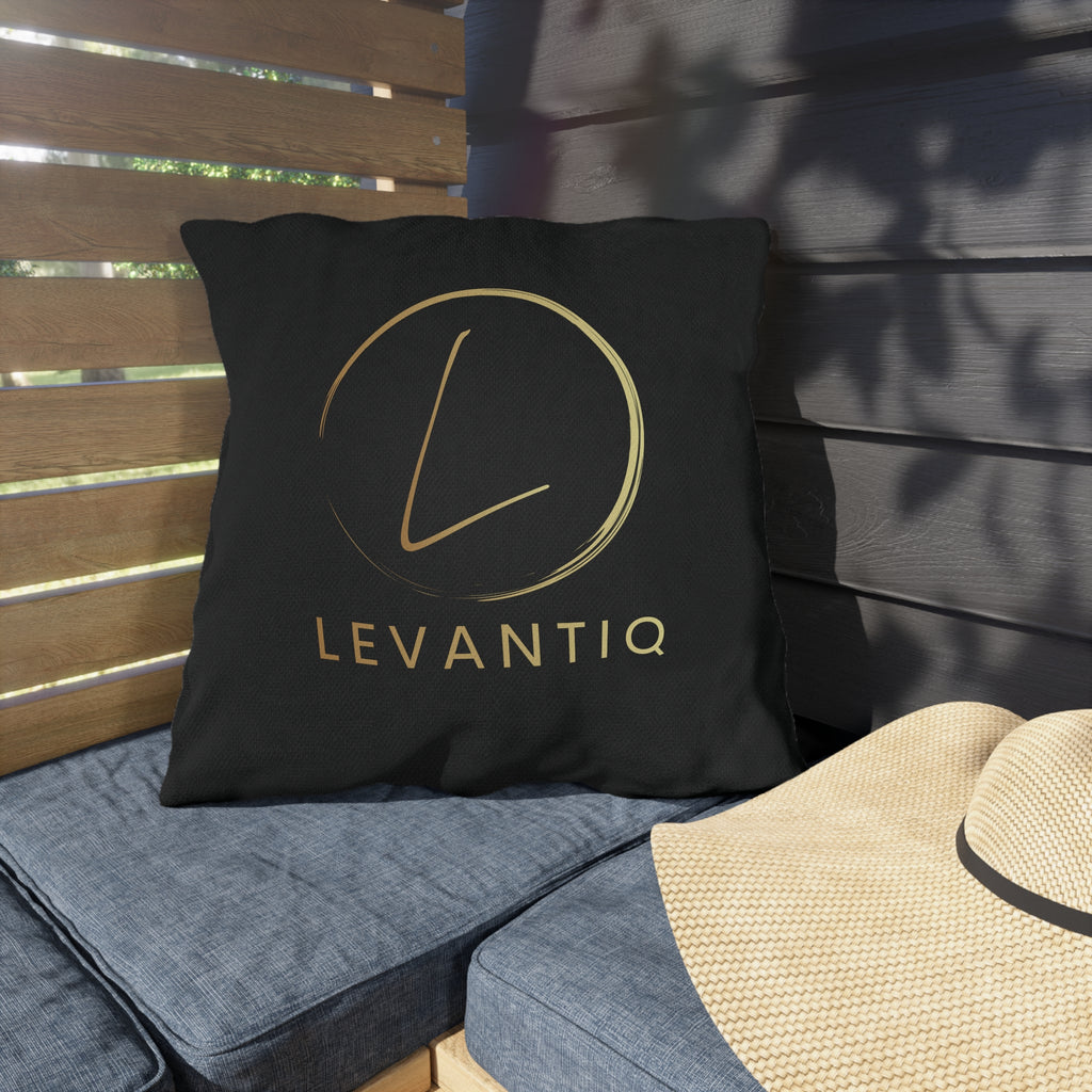 Outdoor Pillow — Black & Gold 'Levantiq' Luxury Logo & 'Elevating Everyday Luxury' Accent Cushion
