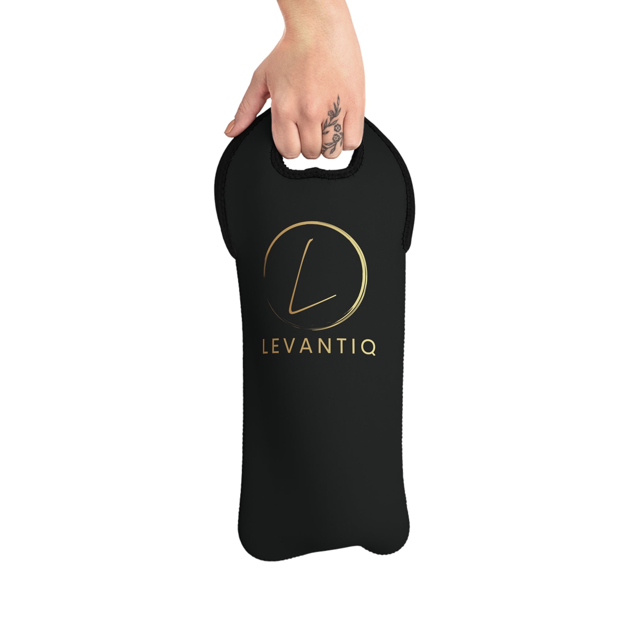 LevantiQ Gold Logo Wine Tote Bag — Elegant Neoprene Bottle Carrier for Gifts & Entertaining