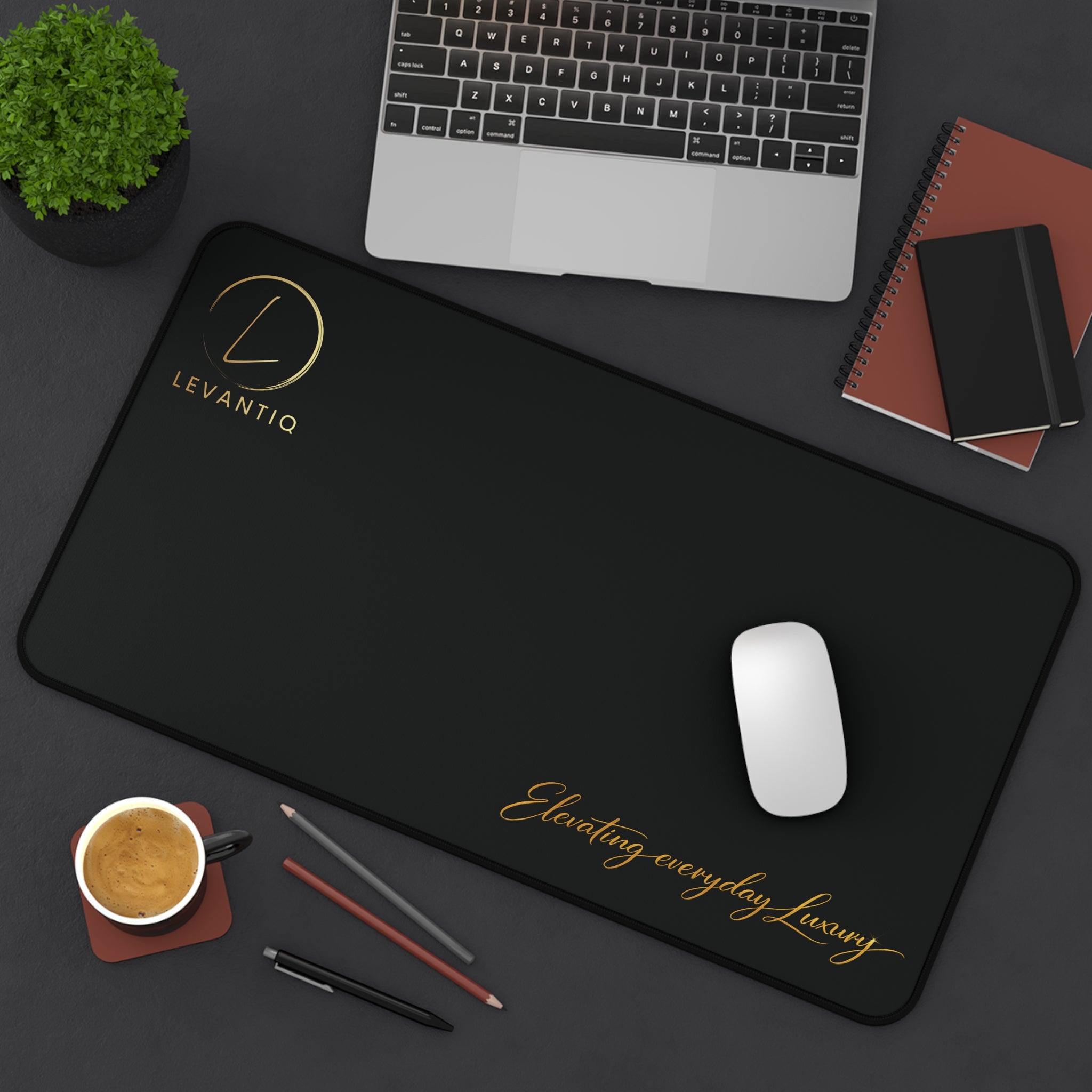 Desk Mat — Black Leather-Texture Desk Pad with Gold "Levantio" Logo & "Elevating everyday luxury" Accent