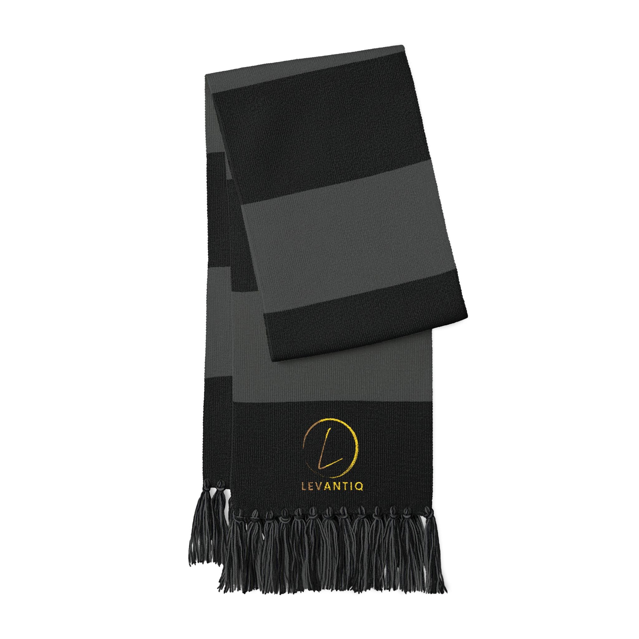Embroidered Spectator Scarf – Black & Charcoal Striped Fan Scarf with Logo