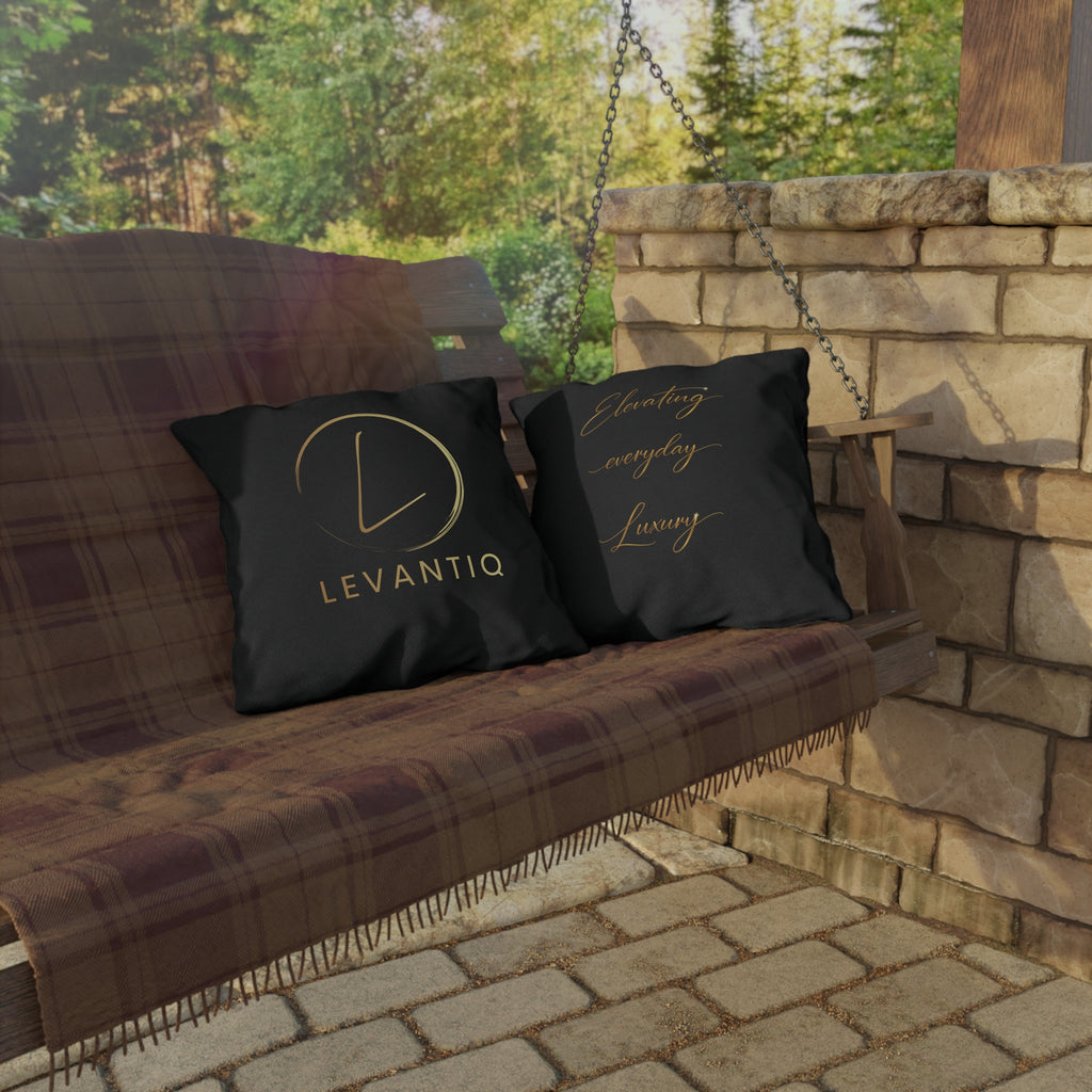 Outdoor Pillow — Black & Gold 'Levantiq' Luxury Logo & 'Elevating Everyday Luxury' Accent Cushion