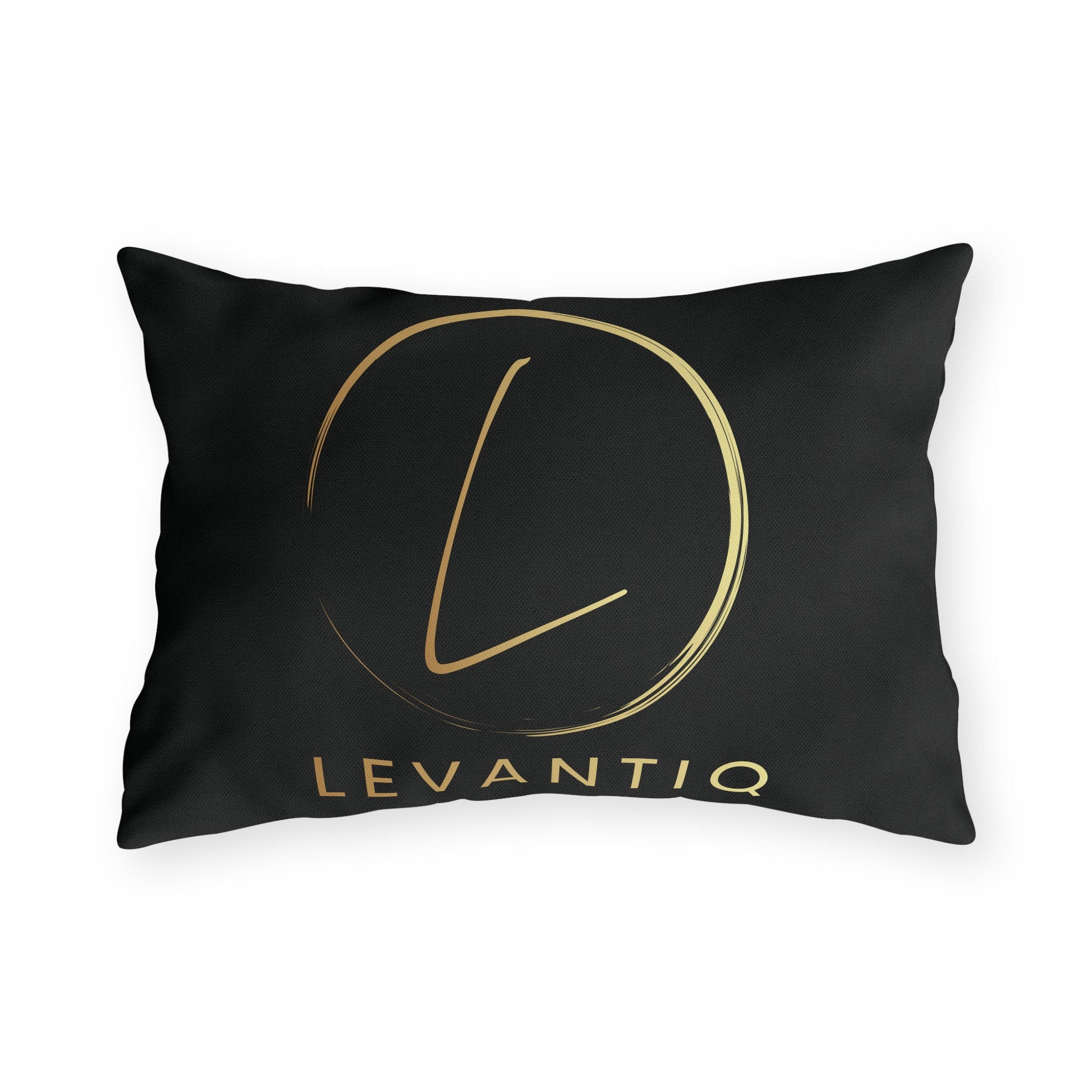 Outdoor Pillow — Black & Gold 'Levantiq' Luxury Logo & 'Elevating Everyday Luxury' Accent Cushion