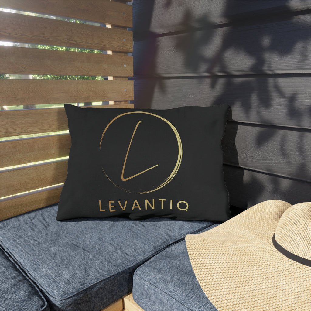 Outdoor Pillow — Black & Gold 'Levantiq' Luxury Logo & 'Elevating Everyday Luxury' Accent Cushion