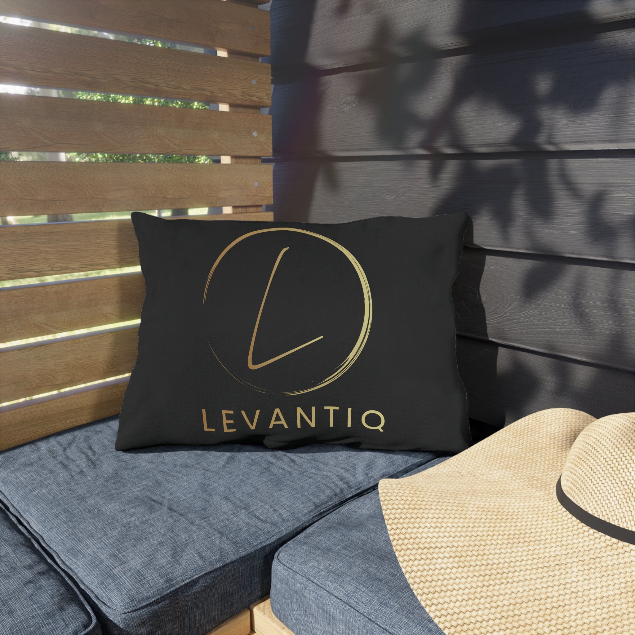 Outdoor Pillow — Black & Gold 'Levantiq' Luxury Logo & 'Elevating Everyday Luxury' Accent Cushion