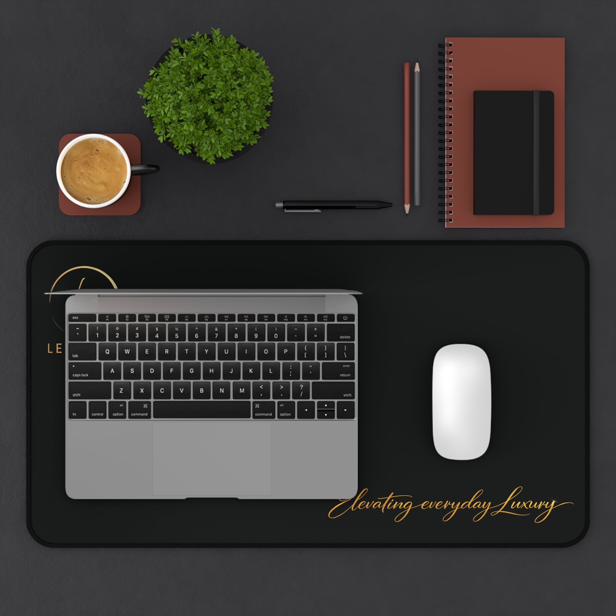 Desk Mat — Black Leather-Texture Desk Pad with Gold "Levantio" Logo & "Elevating everyday luxury" Accent