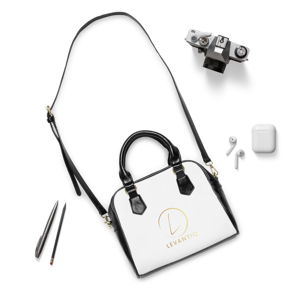Shoulder Handbag — Elegant White Leatherette Tote with Gold Script Logo (LevantiQ)