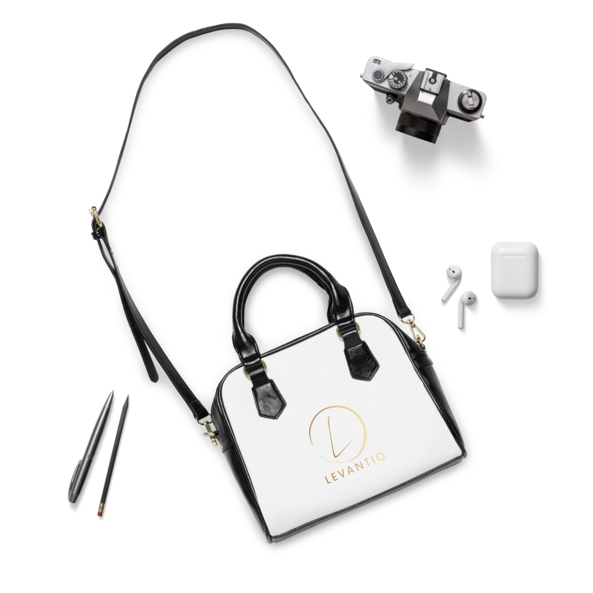 Shoulder Handbag — Elegant White Leatherette Tote with Gold Script Logo (LevantiQ)