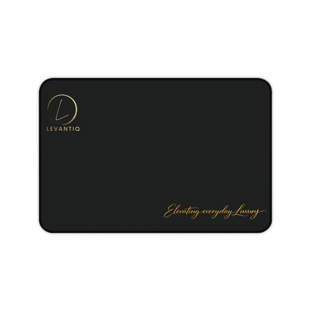 Desk Mat — Black Leather-Texture Desk Pad with Gold "Levantio" Logo & "Elevating everyday luxury" Accent