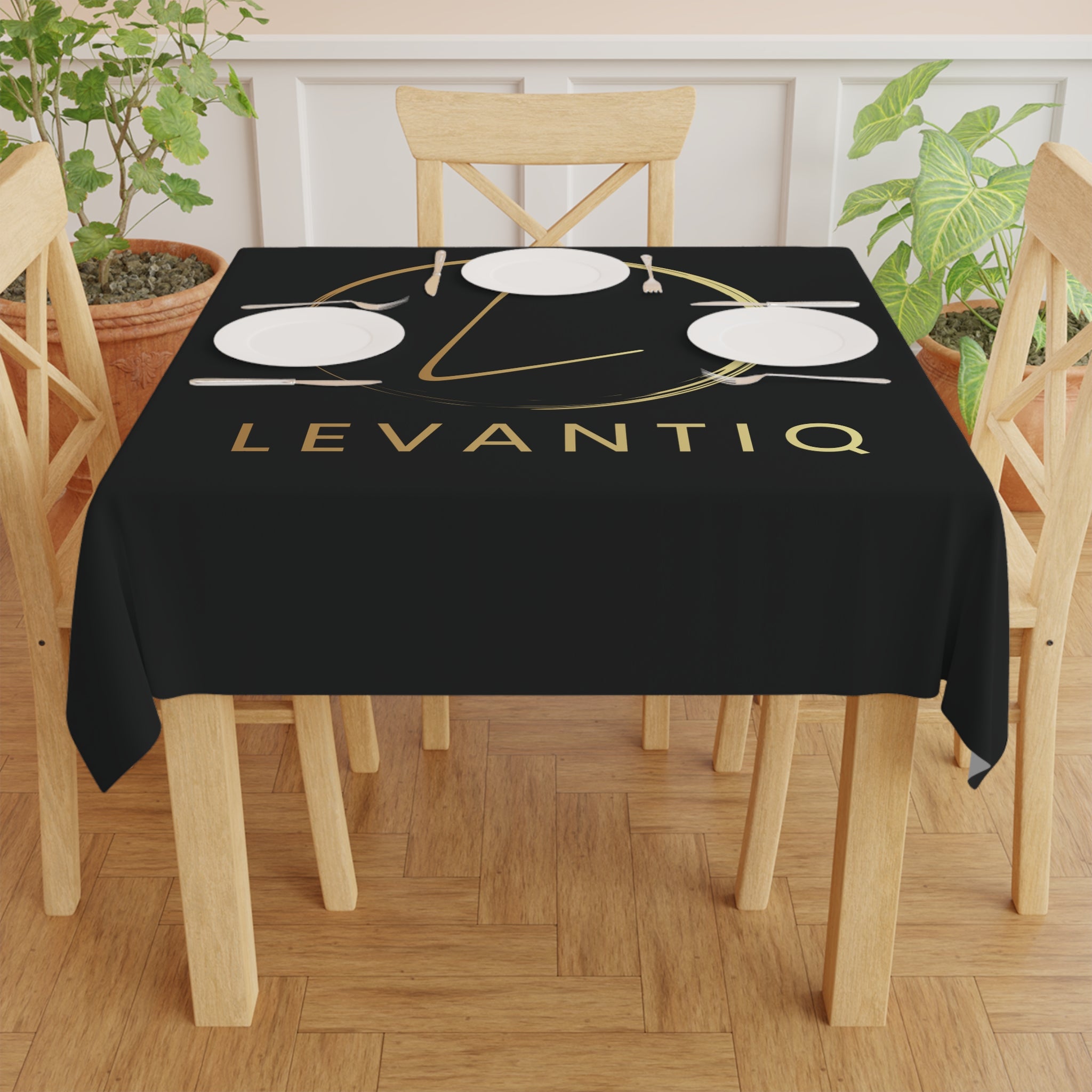 Tablecloth — Elegant Black & Gold Levantiq Logo Tablecloth for Events, Trade Shows, and Home Decor