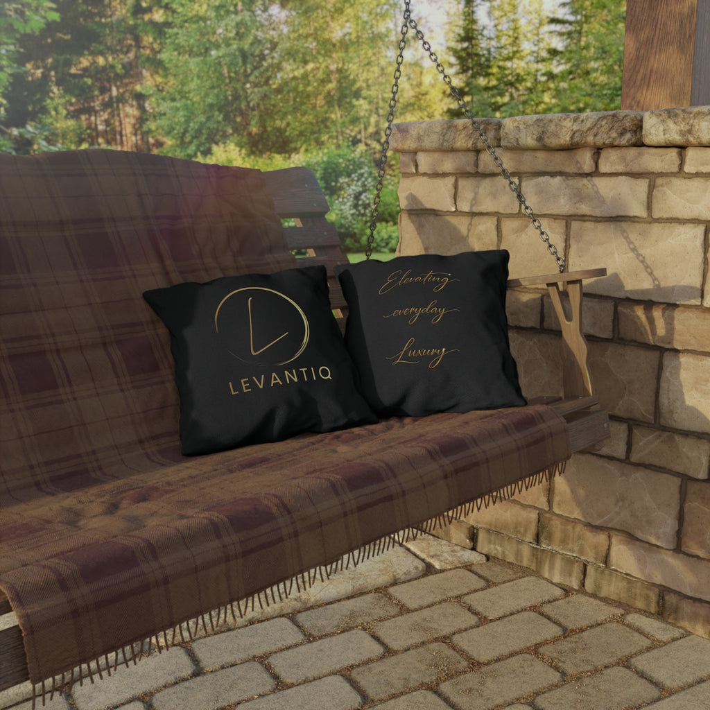 Outdoor Pillow — Black & Gold 'Levantiq' Luxury Logo & 'Elevating Everyday Luxury' Accent Cushion