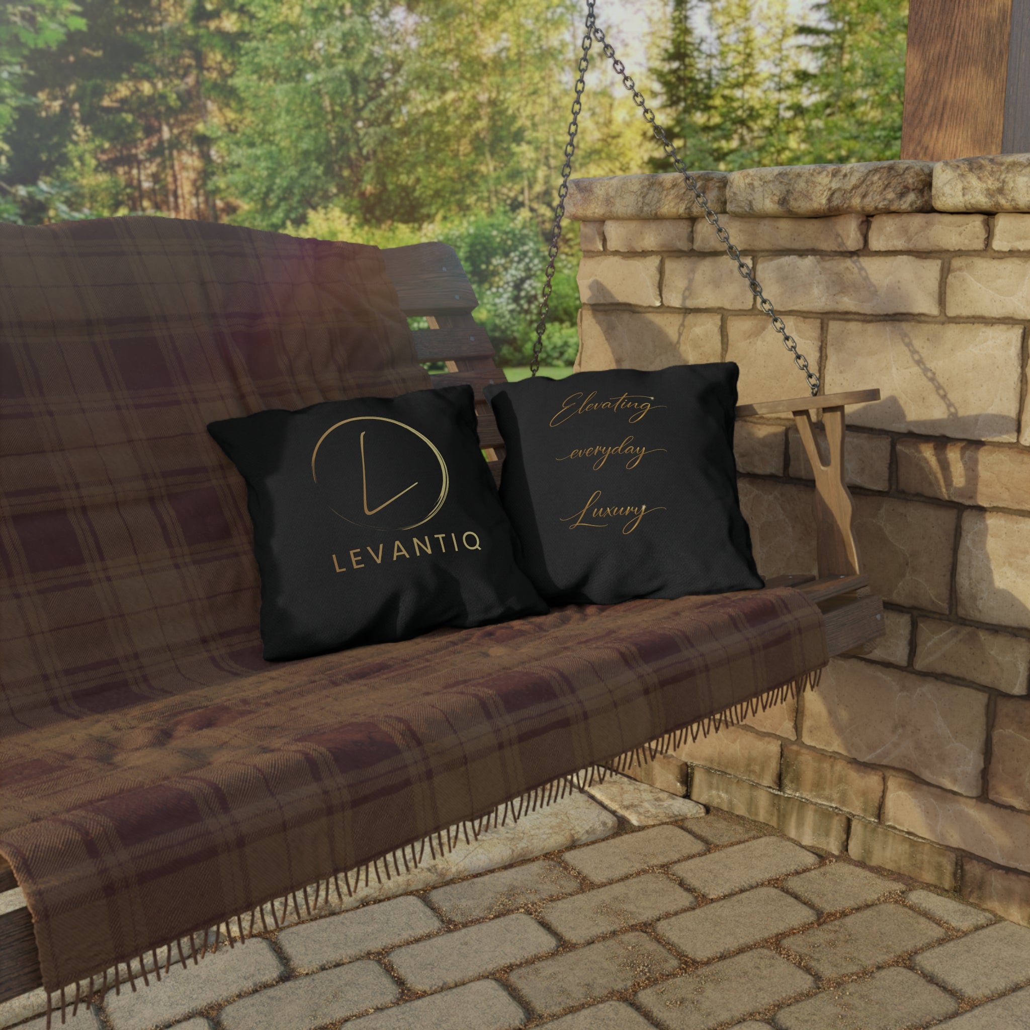 Outdoor Pillow — Black & Gold 'Levantiq' Luxury Logo & 'Elevating Everyday Luxury' Accent Cushion