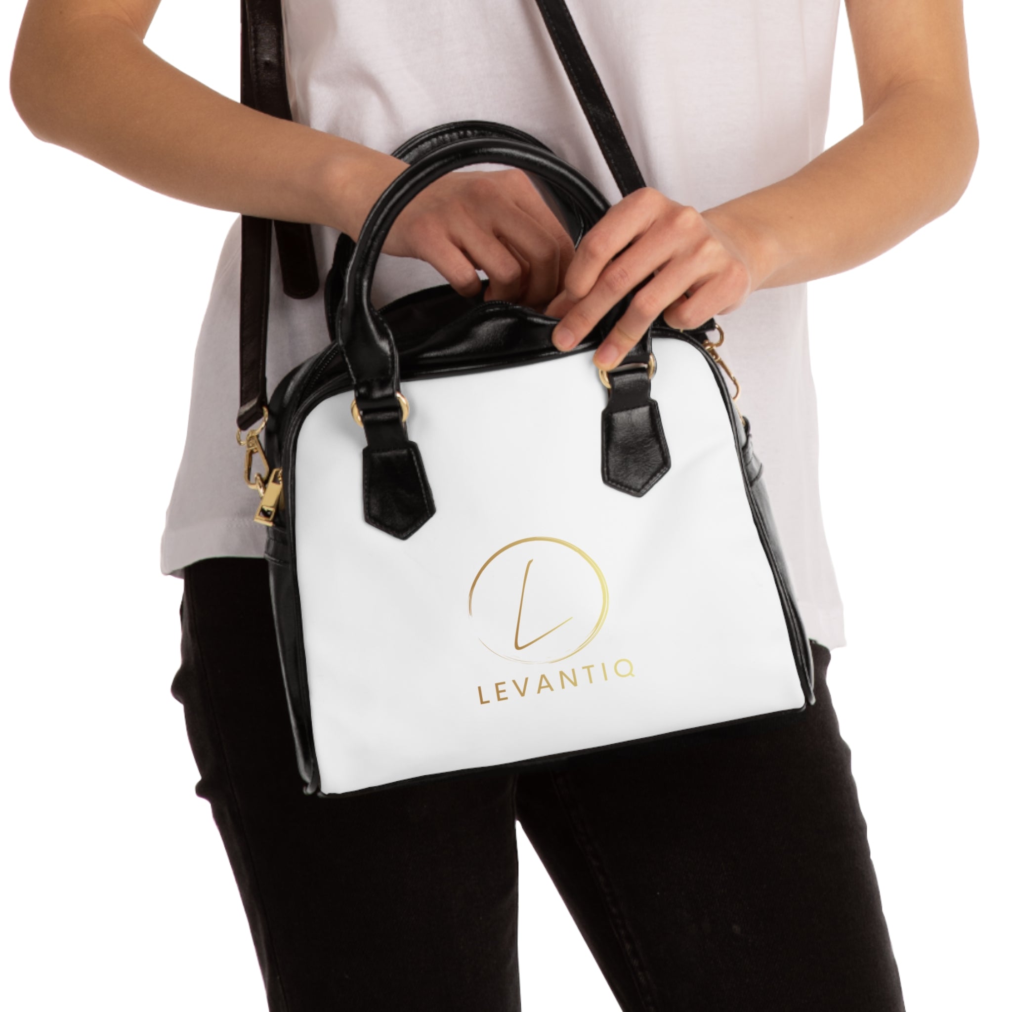 Sac à main épaule — Cabas élégant en similicuir blanc avec logo doré (LevantiQ)